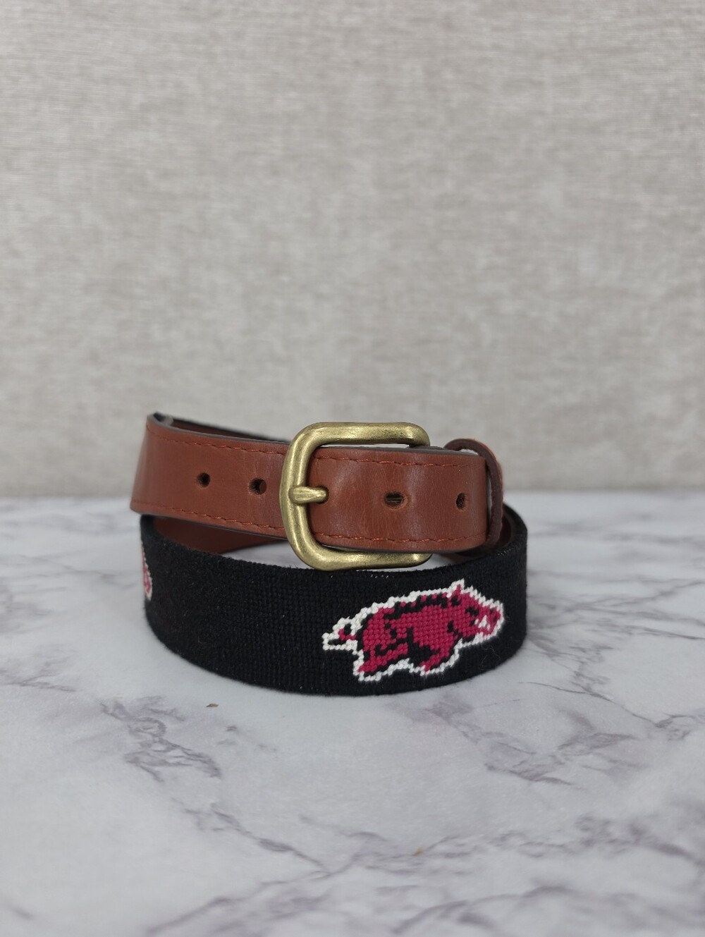 Smathers and Branson Arkansas Razorbacks Running Hog Needlepoint Belt Black